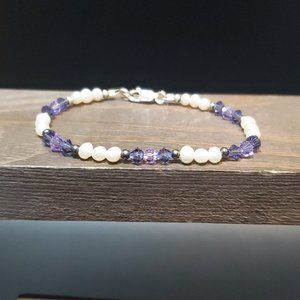 6 Inch 925 Sterling Silver Small White Pearls And Purple Crystal Bracelet